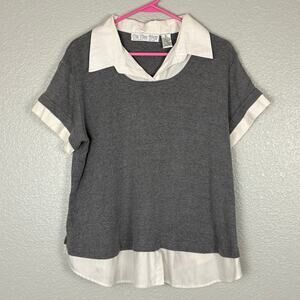 On The Way Maternity XL Collared Knit Cotton Blend Short Sleeved Grey White Top